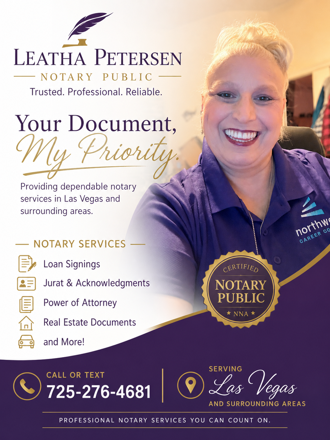 Promotional image for Leatha Petersen, a certified notary public offering services in Las Vegas. The design features her smiling and provides information about various notary services, including loan signings and real estate documents.