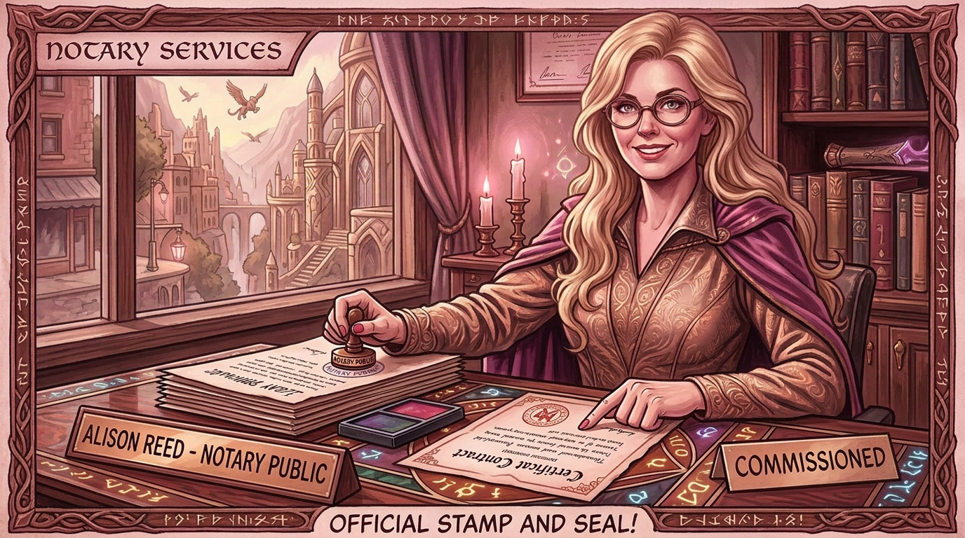 Notary public Alison Reed stamping a document at her desk