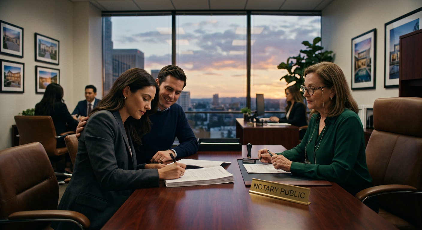 Couple signing documents at office desk with notary public